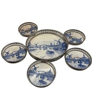 Vtg STERNAUWARE NEW YORK 6 Pc Coaster Set DELFT Blue Windmill Tray Metal Holders